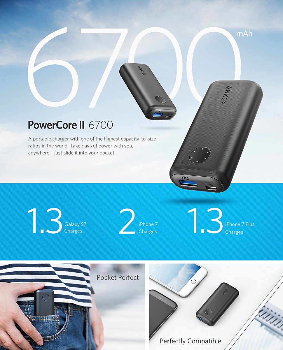 Samsung Anker PowerCore II 6700 and Other Smartphones Compact Portable Charger for iPhone X / 8/8 Plus 